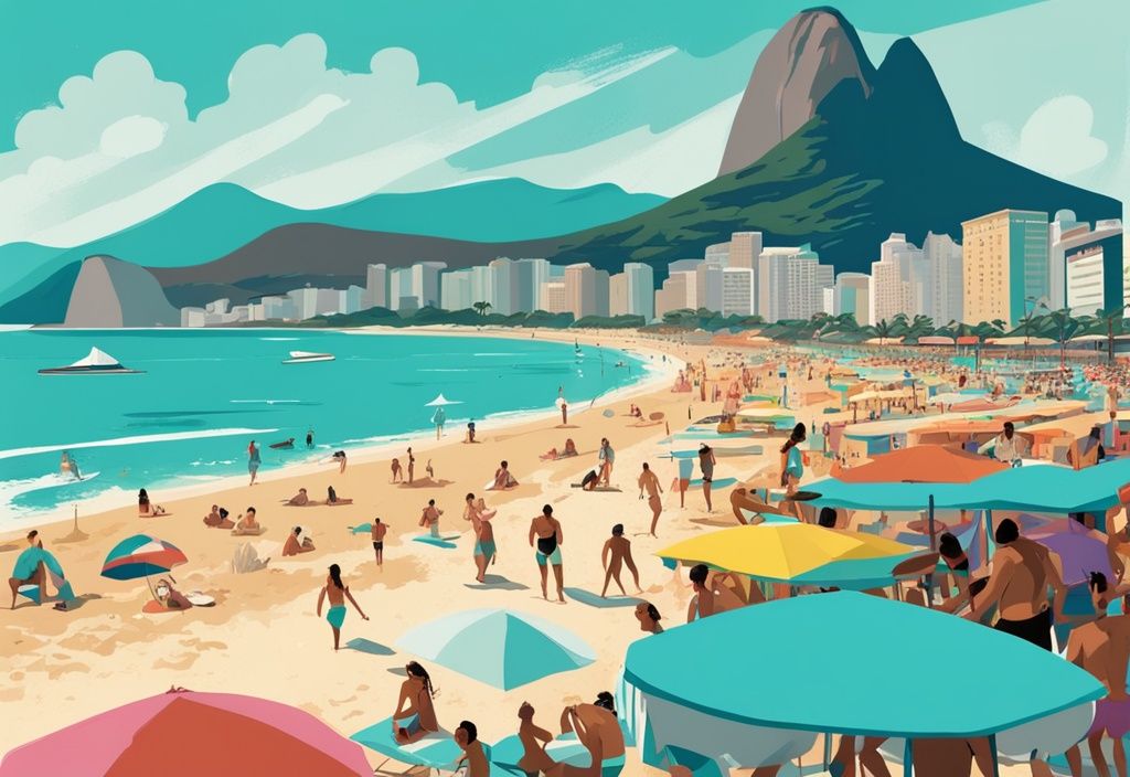 Moderne digitale Malerei von Copacabana Strand bei Sonnenlicht, Menschen spielen Beachvolleyball, bunte Sonnenschirme, Zuckerhut im Hintergrund, Hauptfarbe Türkis