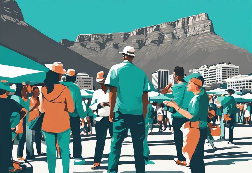 Digitale Malerei von einem lokalen Guide, der Touristen vor dem Tafelberg in Kapstadt Tipps gibt, Hauptfarbe Türkis