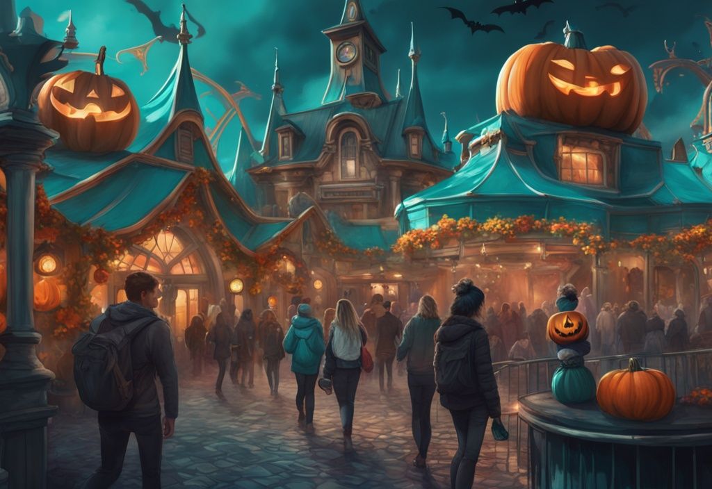 Moderne digitale Malerei von Halloween Europapark 2023, mit Besuchern auf gruseligen Fahrgeschäften und Attraktionen, geschmückt mit Kürbissen, Spinnweben und unheimlichen Dekorationen.