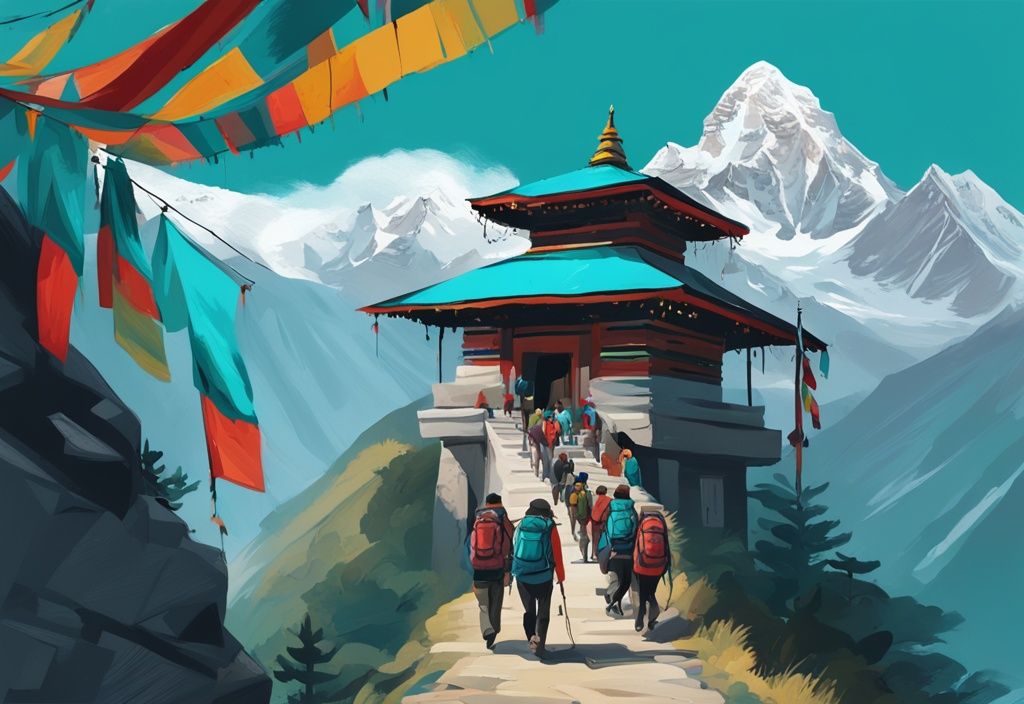 Moderne digitale Malerei der Himalaya-Berge mit türkisem Farbschema, Wanderer auf Trekkingtour, traditioneller nepalesischer Tempel im Hintergrund, Gebetsfahnen im Wind - Nepal Urlaub.