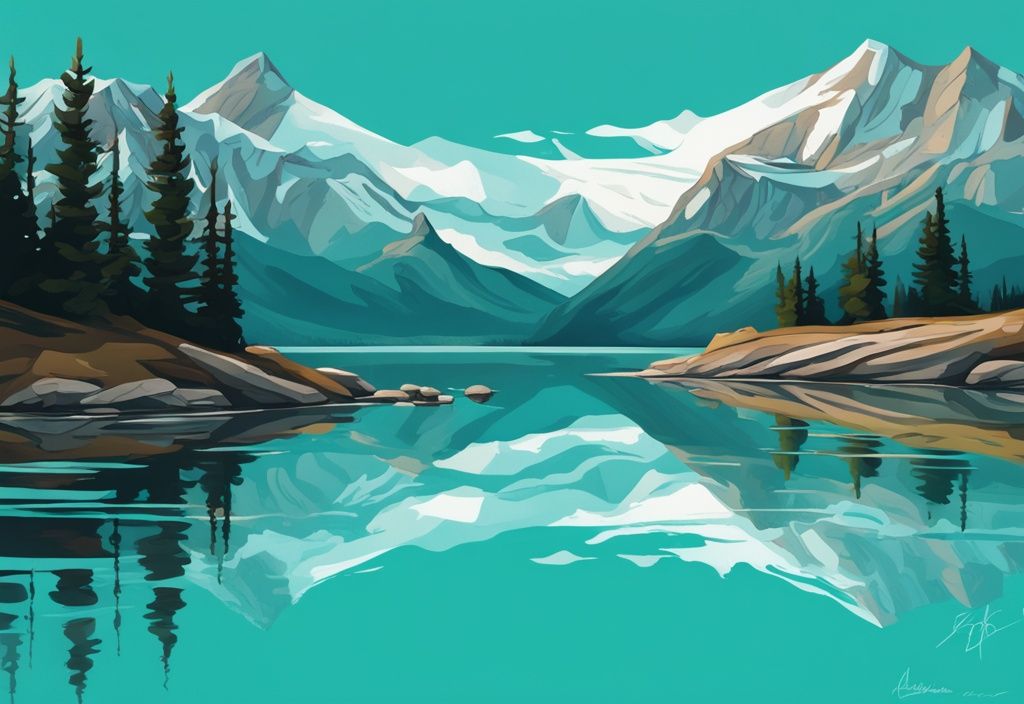 Moderne digitale Malerei der Rocky Mountains in Alberta mit türkisfarbenem Farbschema und einem ruhigen See im Vordergrund, der den klaren blauen Himmel widerspiegelt