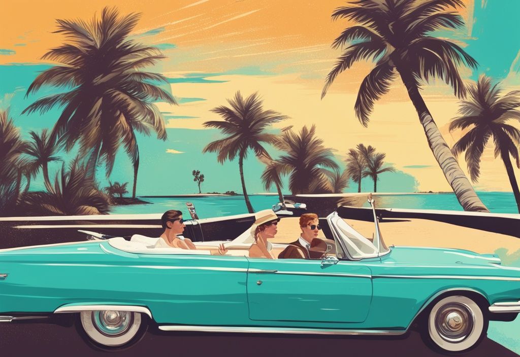 Modernes digitales Gemälde eines Roadtrip Florida: Ein Vintage-Cabriolet fährt entlang der sonnigen Küste Floridas mit Palmen im Hintergrund und einer Florida-Karte auf dem Beifahrersitz.