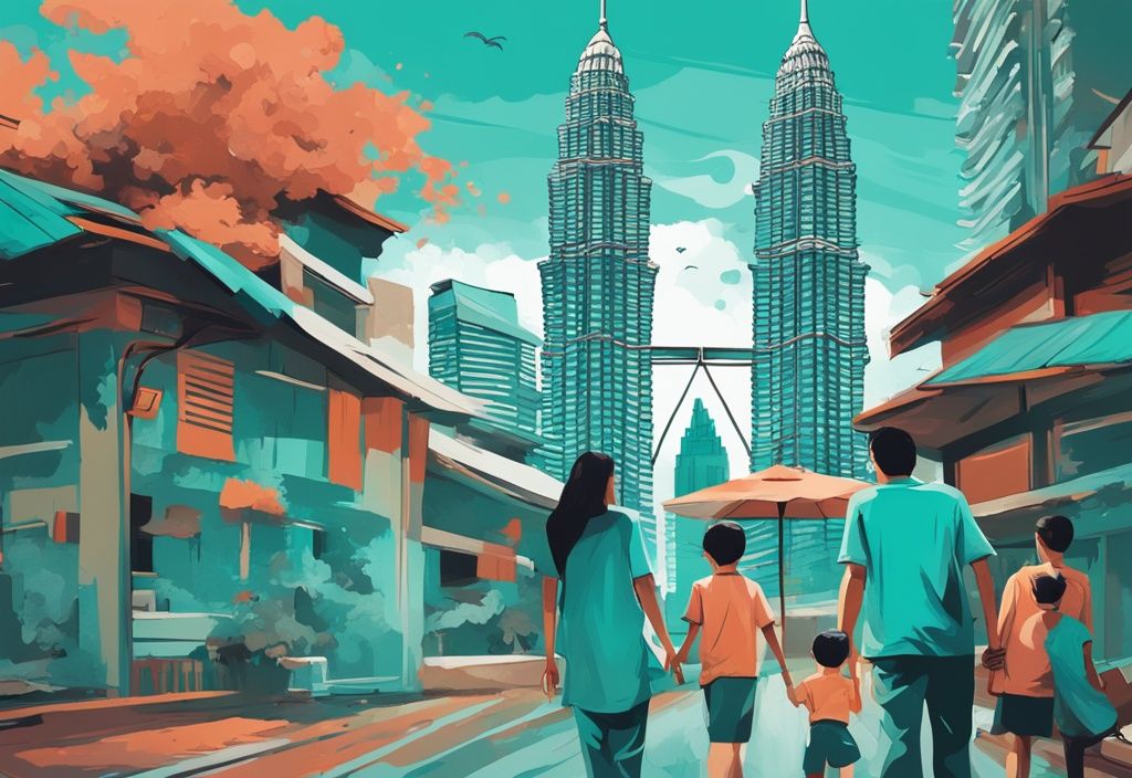 Moderne digitale Malerei der Petronas Twin Towers in Kuala Lumpur, türkisfarbene Farbpalette, Familie genießt Urlaub im Vordergrund