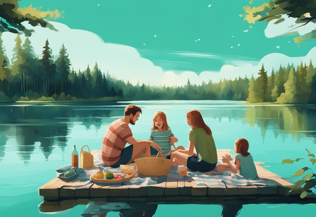 Moderne digitale Malerei: Serener finnischer See umgeben von grünen Wäldern, Familie genießt Picknick am Ufer unter klarem Sommerhimmel - finnland urlaub sommer