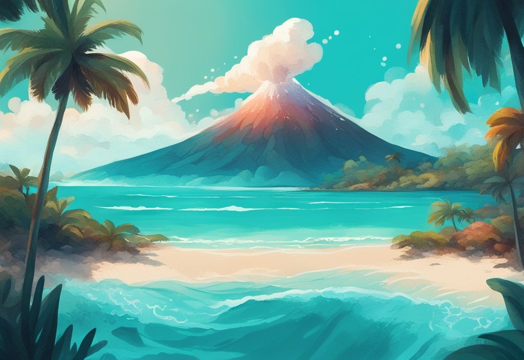 Moderne digitale Malerei einer großen tropischen Insel mit türkisfarbenem Ozean, Vulkan im Hintergrund und Strand im Vordergrund - big island.