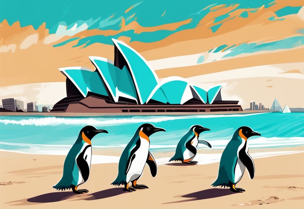 Moderne digitale Malerei mit niedlichen Pinguinen am Strand von Australien und Sydney Opernhaus im Hintergrund, Hauptfarbe Türkis