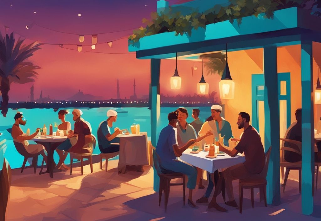 Moderne digitale Illustration eines lebhaften Abends in einem belebten Outdoor-Restaurant in El Gouna, wo Menschen verschiedene köstliche Mahlzeiten genießen, Hauptfarbthema Türkis, el gouna dine around.