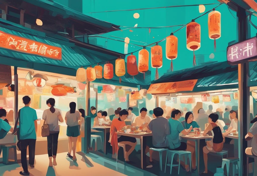 Moderne digitale Malerei eines lebhaften Hawker Centers in Singapur mit türkisem Farbschema, das Hainanese Chicken Rice, Chili Crab und Laksa zeigt - singapur essen.