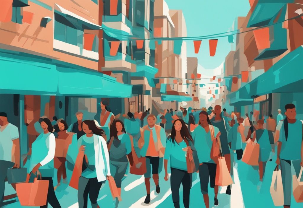 Moderne digitale Illustration einer belebten Einkaufsstraße mit vielfältigen Menschen und trendigen Geschäften, in welcher Stadt kann man gut shoppen.