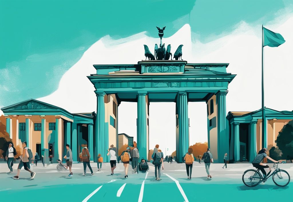 Junge Menschen erkunden Berliner Sehenswürdigkeiten wie das Brandenburger Tor und die East Side Gallery mit Freude und Neugier, was kann man in berlin machen ohne geld, moderne digitale Malerei in Türkis.