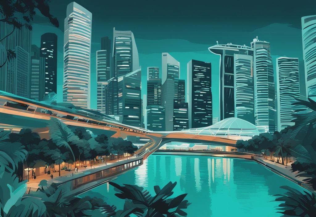 Moderne digitale Malerei von Singapur, die Tag-Nacht-Übergang und beliebte Sehenswürdigkeiten über mehrere Tage zeigt; Hauptfarbe Türkis; singapur wie viele tage