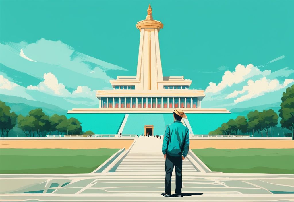 Moderner digitaler Gemäldeillustration eines Touristen, der das Mansu Hill Grand Monument in Pjöngjang bewundert, mit türkisfarbenem Hauptfarbthema, das das Urlaubserlebnis in Nordkorea einfängt.