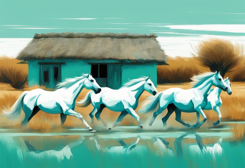 Digitale Illustration in Türkis: Wilde weiße Pferde galoppieren durch die Sümpfe von Camargue, Frankreich, mit traditionellem Strohdach-Ferienhaus im Hintergrund.