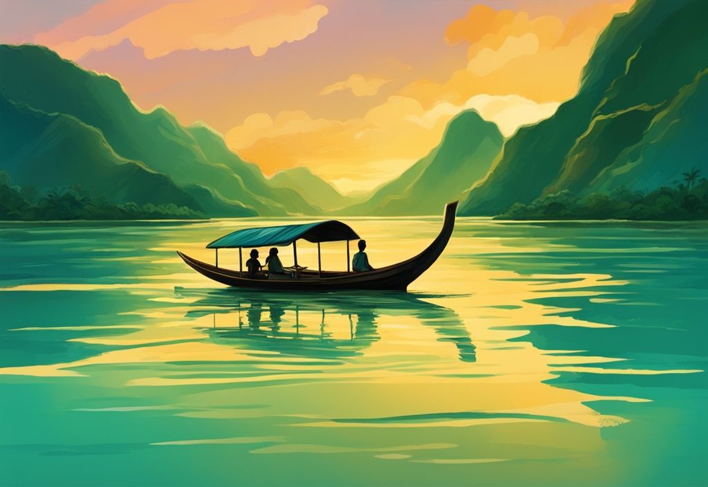 Moderne digitale Malerei einer traditionellen laotischen Bootsfahrt auf dem Mekong-Fluss bei Sonnenuntergang, ideal für Laos Urlaub