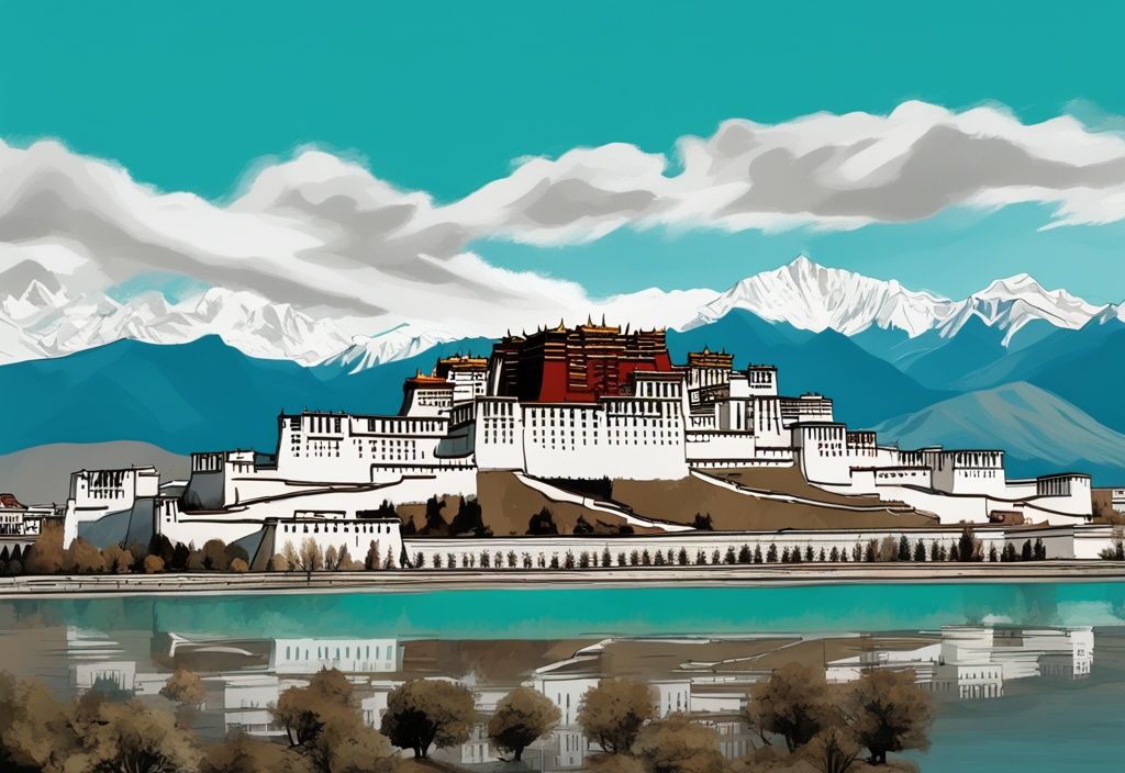 Moderne digitale Malerei der Potala-Palast in Lhasa, umgeben von majestätischen Himalaya-Bergen unter klarem blauem Himmel, Hauptfarbthema Türkis