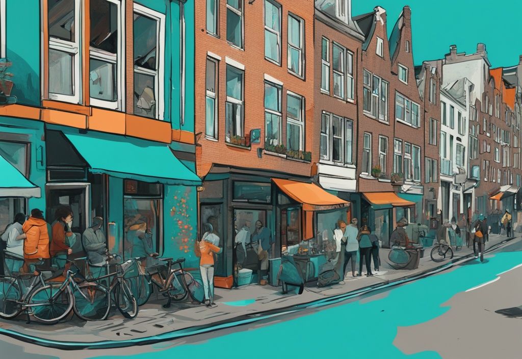 Moderne digitale Malerei einer belebten Straßenszene im alternativen Viertel von Amsterdam, mit türkisfarbenem Farbschema, Street Art, einzigartigen Boutiquen und einer vielfältigen Menschenmenge. Keyword: amsterdam alternative.