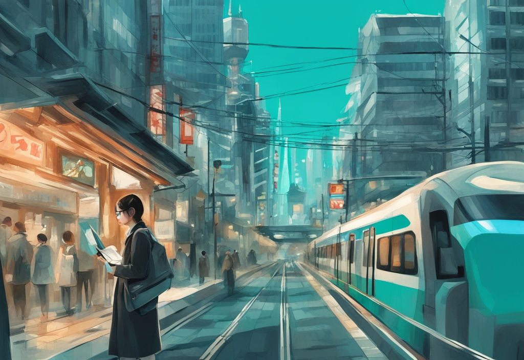 Moderner digitaler Gemäldeillustration eines Reisenden, der eine Karte vor einer belebten Straße in Tokio konsultiert, mit Wahrzeichen wie dem Tokyo Tower und einem Shinkansen-Zug im Hintergrund, Hauptfarbthema Türkis.