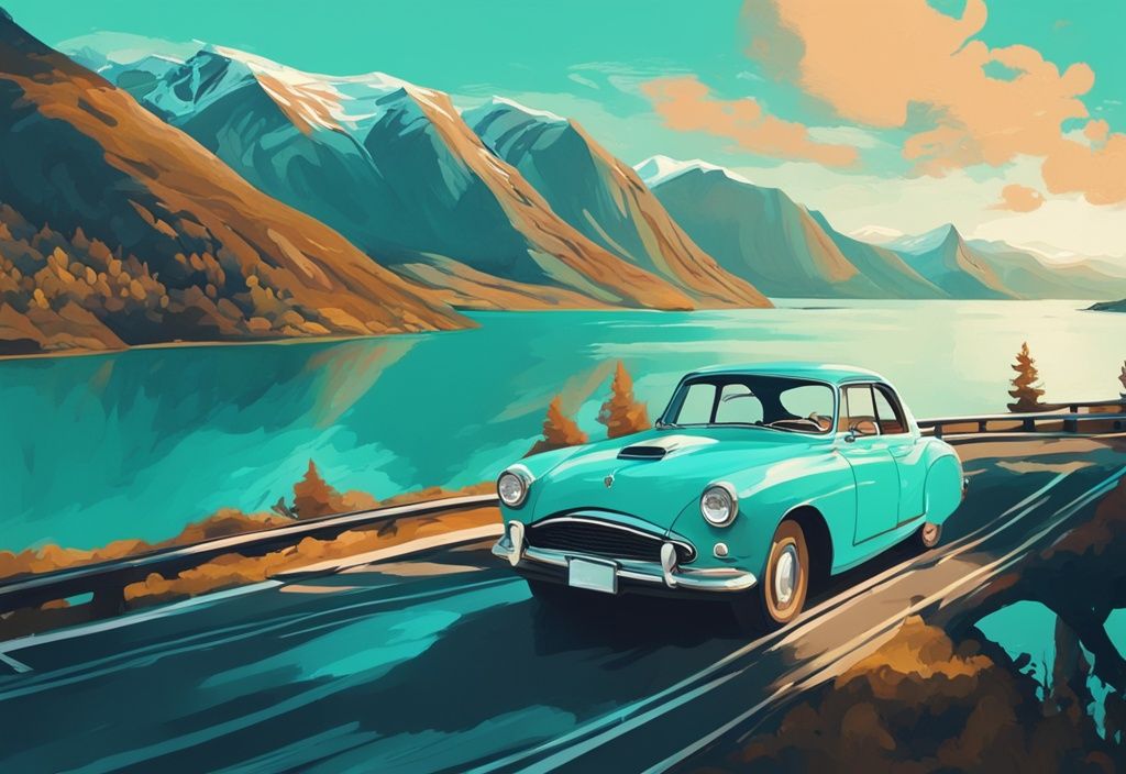 Modernes digitales Gemälde einer malerischen Szene: Ein Oldtimer fährt auf einer kurvenreichen Straße durch die atemberaubenden Fjorde und Berge Norwegens, Hauptfarbthema Türkis. Keyword: roadtrip norwegen.