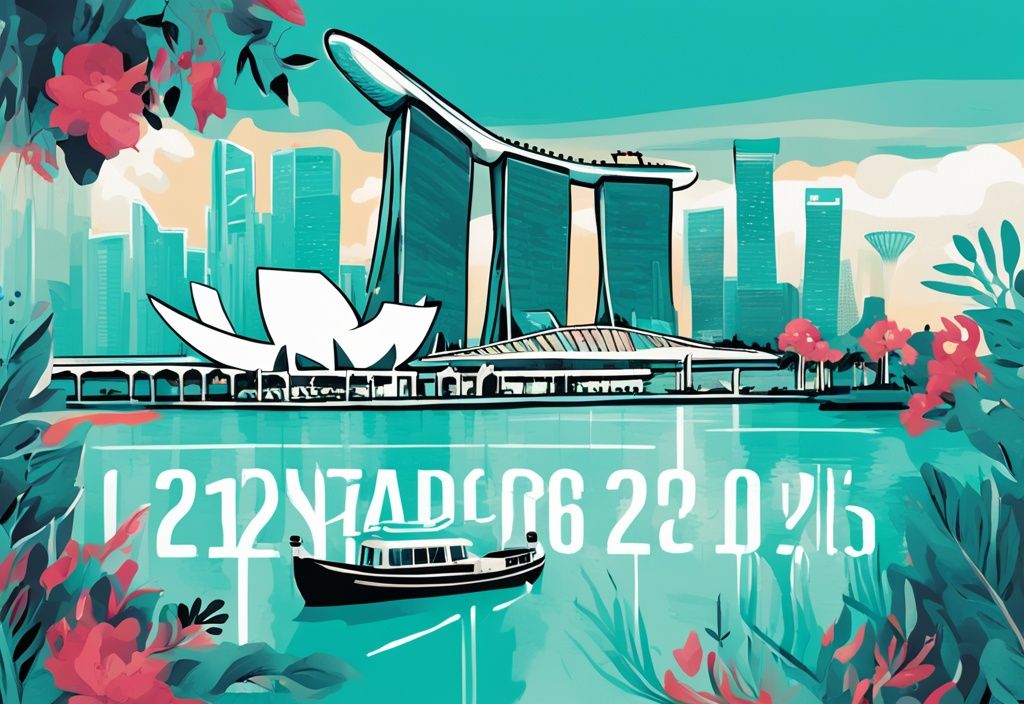 Moderne digitale Illustration in Türkis: Kalender mit idealer Aufenthaltsdauer in Singapur, umgeben von berühmten Wahrzeichen wie Marina Bay Sands, Merlion und Gardens by the Bay.