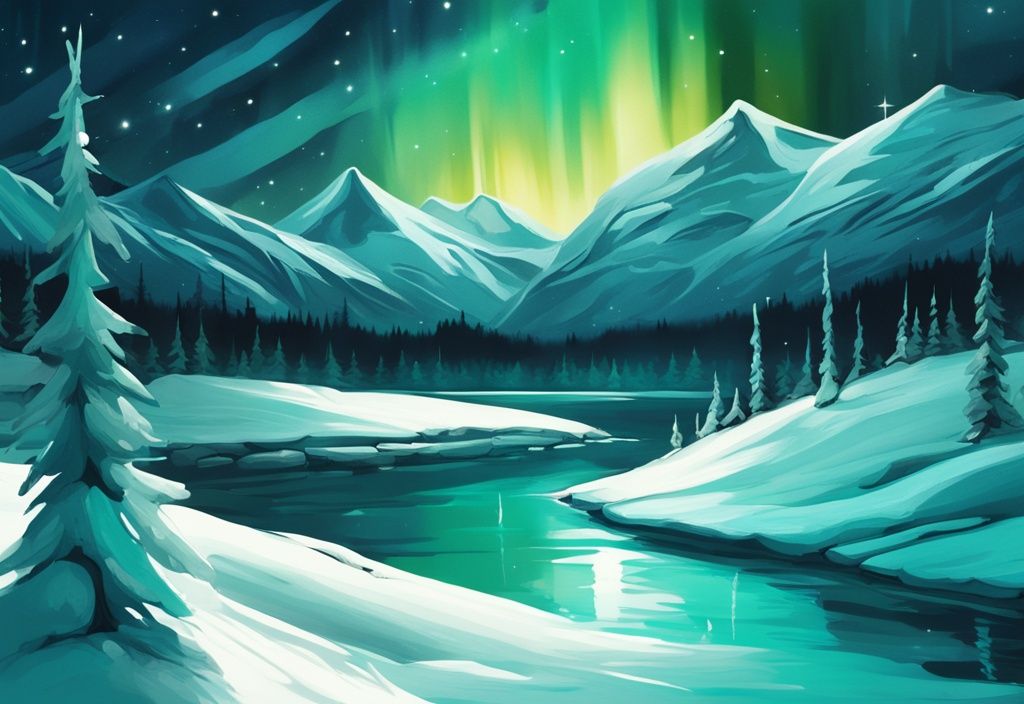 Digitale Illustration eines modernen Kunstwerks mit türkisfarbenem Thema, das Nordlichter über einer verschneiten Landschaft zeigt; Naturphänomene in einer sternenklaren Nacht.