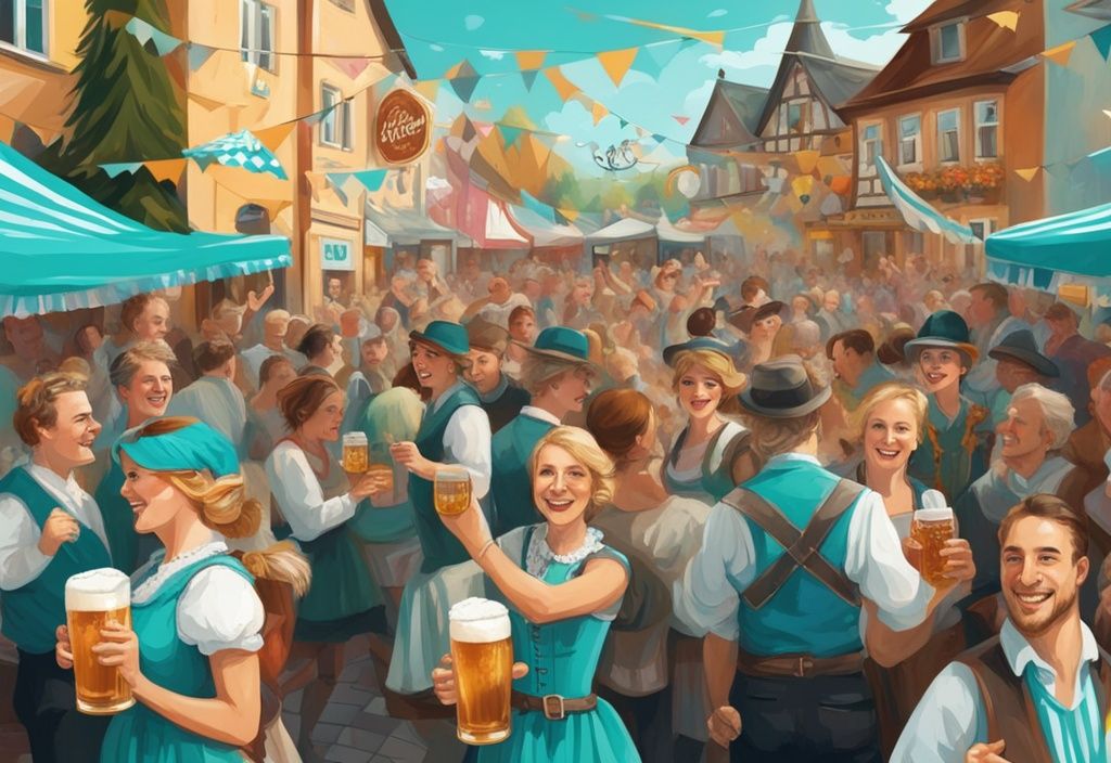 Moderne digitale Malerei einer lebhaften lokalen Oktoberfest-Szene mit fröhlichen Menschenmengen, traditionellen bayerischen Trachten, Bierkrügen, Brezeln und einem Schild, das den Veranstaltungsort anzeigt, in Türkis gehalten.