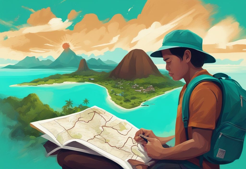 Moderner digitaler Gemäldeillustration eines Reisenden mit Rucksack, der eine Karte der Philippinen studiert, mit den Wahrzeichen Chocolate Hills, Mayon Vulkan und Stränden von Palawan im Hintergrund, reisetipps philippinen.