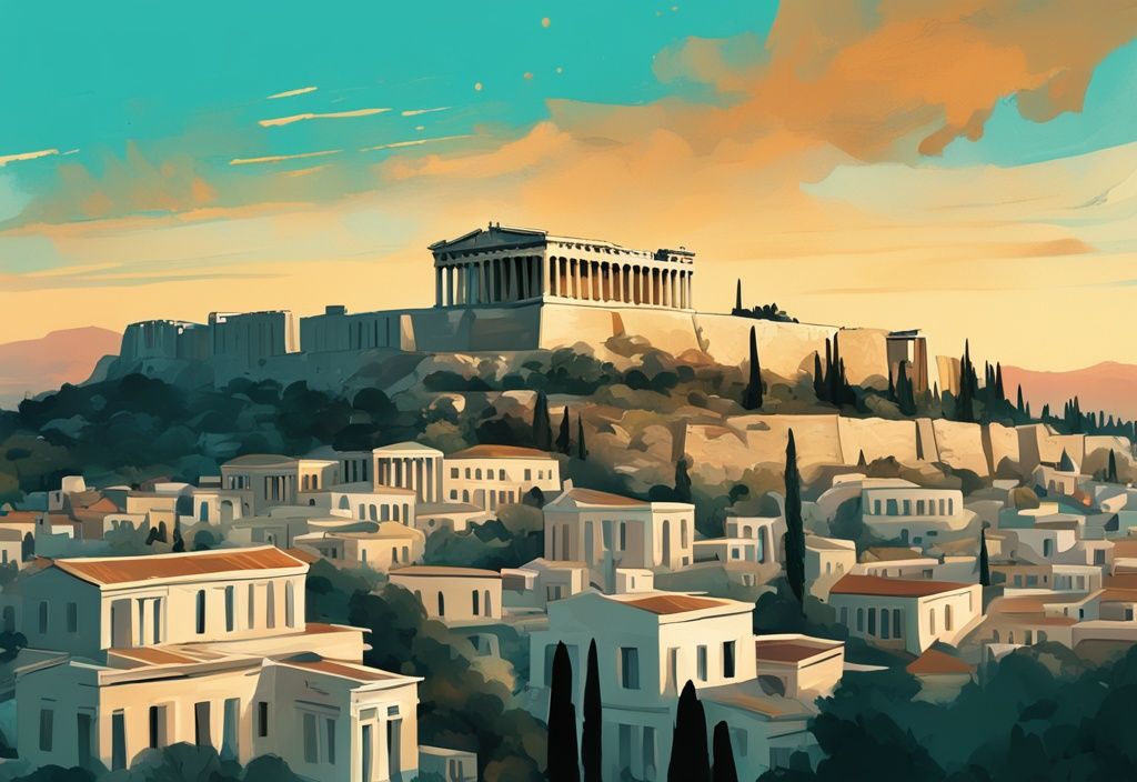 Panoramablick auf die Akropolis von Athen im goldenen Sonnenuntergang, digitale Illustration, türkisfarbenes Farbschema, Stadtansicht im Hintergrund