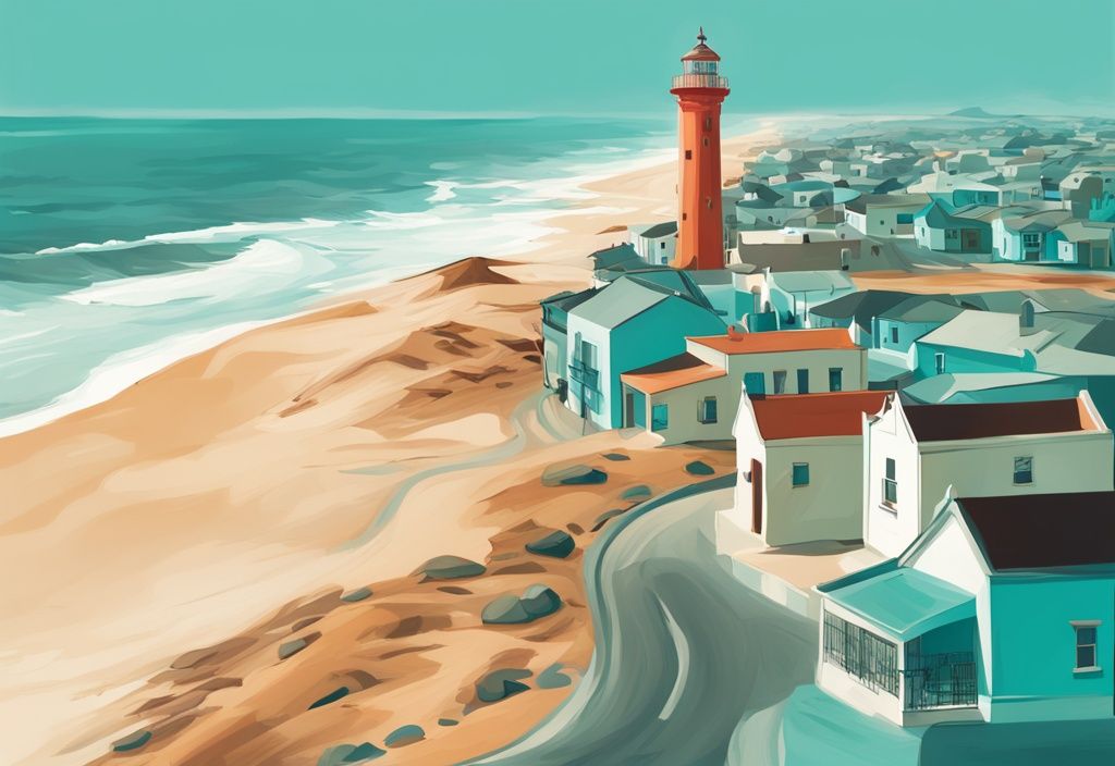 Moderne digitale Malerei der Swakopmund Küste mit Leuchtturm im Vordergrund und Stadtlandschaft vor der Wüste, Hauptfarbe Türkis.