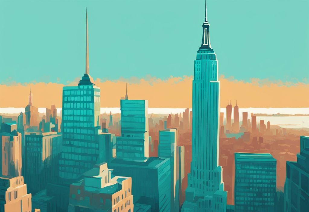 Moderne digitale Malerei-Illustration mit türkisfarbenem Hauptthema, die das Empire State Building aus der Ferne zeigt, mit einem klaren visuellen Maßstab, um die empire state building höhe zu betonen.