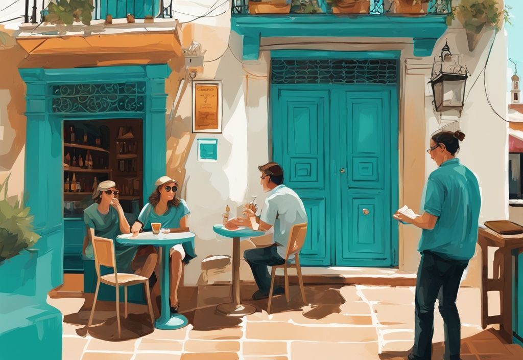 Moderne digitale Malerei in Türkis: Ein Einheimischer genießt ein verstecktes Juwel in Córdoba, wie eine gemütliche Tapas-Bar oder ein unerforschtes historisches Gelände, mit Stadtplan und Reiseführer im Vordergrund.