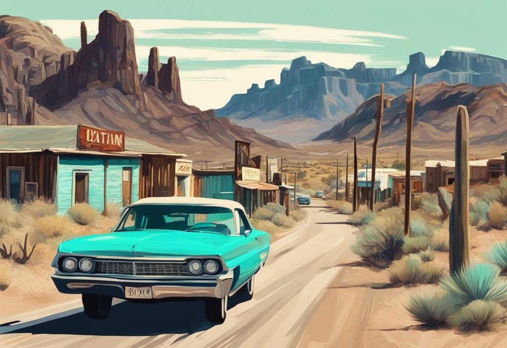 Moderne digitale Malerei, türkisfarbenes Thema, Vintage-Auto auf Oatman Route 66, rustikale Stadt und Wüstenlandschaft im Hintergrund