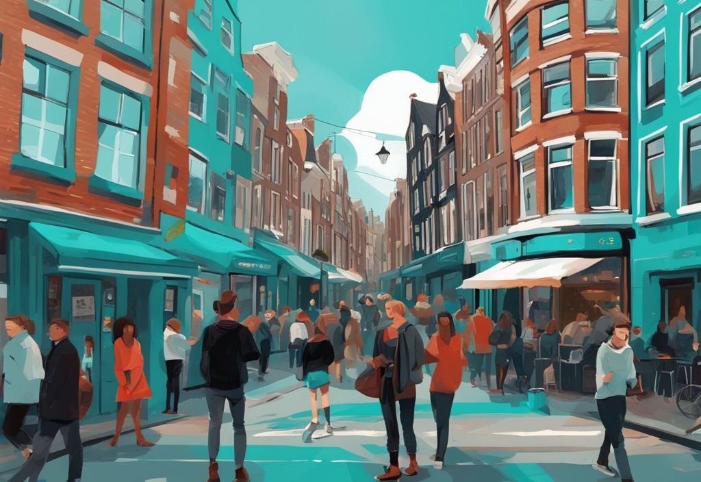 Moderne digitale Malerei von einer lebhaften Straßenszene im alternativen Viertel von Amsterdam mit einzigartiger Straßenkunst, eklektischen Geschäften und einer vielfältigen Menschenmenge, Hauptfarbe Türkis