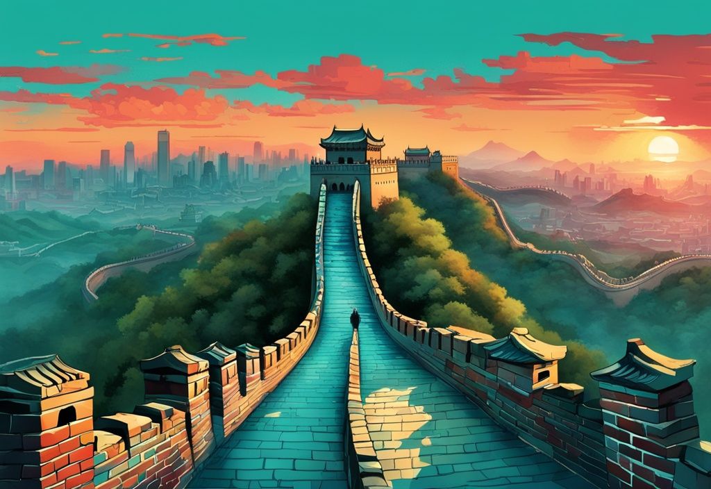 Moderne digitale Malerei der Großen Mauer von China mit der Verbotenen Stadt und der Skyline von Shanghai bei Sonnenuntergang, china sehenswürdigkeiten