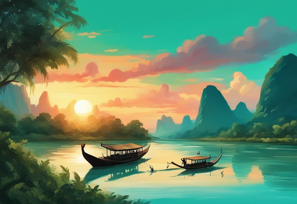 Moderne digitale Malerei des Mekong-Flusses mit traditionellen Langbooten, umgeben von grünen Bergen und einem lebhaften Sonnenuntergang, Hauptfarbe Türkis