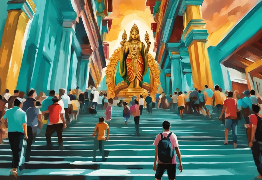 Moderne digitale Malerei, Touristen auf bunten Stufen zu den Batu-Höhlen in Kuala Lumpur, mit goldener Lord-Murugan-Statue im Vordergrund, türkisfarbene Hauptfarbgebung