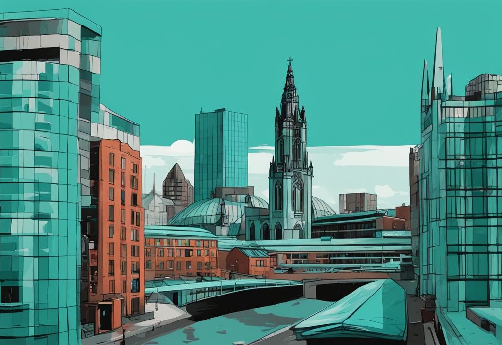 Moderne digitale Malerei der Manchester Skyline in Türkis mit Manchester Kathedrale, Old Trafford Stadion und Beetham Tower.