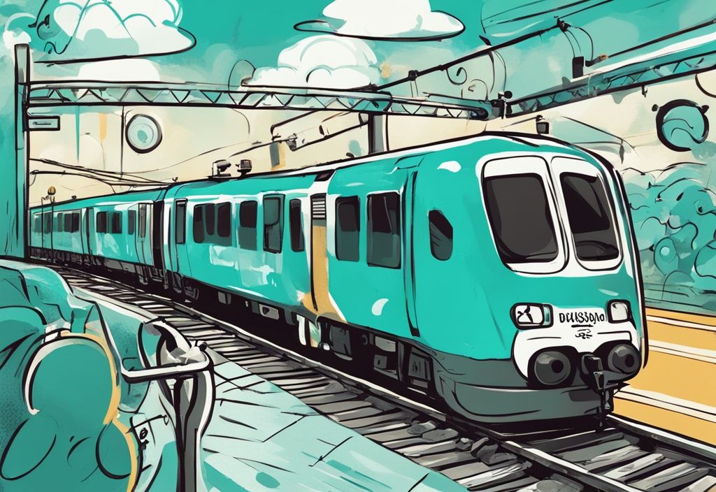 Cartoon Deutsche Bahn Zug mit Sprechblasen und humorvollen Sprüchen, digitale Illustration in Türkis