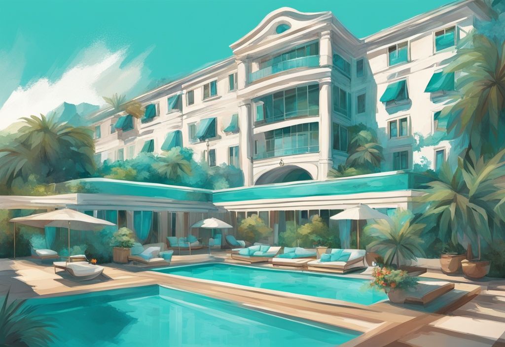 Moderne digitale Malerei eines luxuriösen Hotels mit atemberaubender Architektur, umgeben von üppigen Gärten und einem funkelnden Pool unter klarem blauen Himmel - die schönsten Hotels.