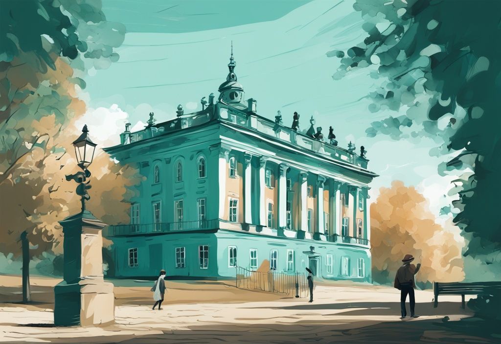 Moderne digitale Illustration in Türkis zeigt eine versteckte Perle in Potsdam, wie ein weniger bekanntes historisches Gebäude oder einen ruhigen, malerischen Park, mit einem lokalen Führer, der auf die Besonderheiten hinweist.