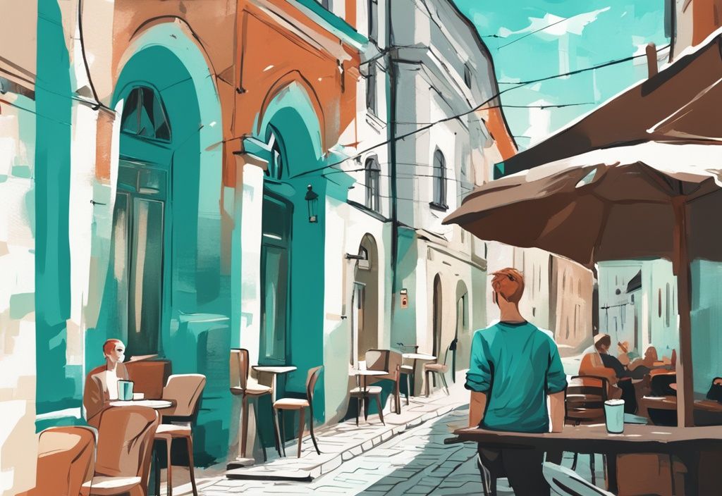 Moderne digitale Illustration in Türkis, die einen Einheimischen in einem versteckten Juwel in Vilnius zeigt, wie ein gemütliches Café oder eine malerische Gasse, mit einer Karte von Vilnius und ein paar handgeschriebenen vilnius geheimtipps im Vordergrund.