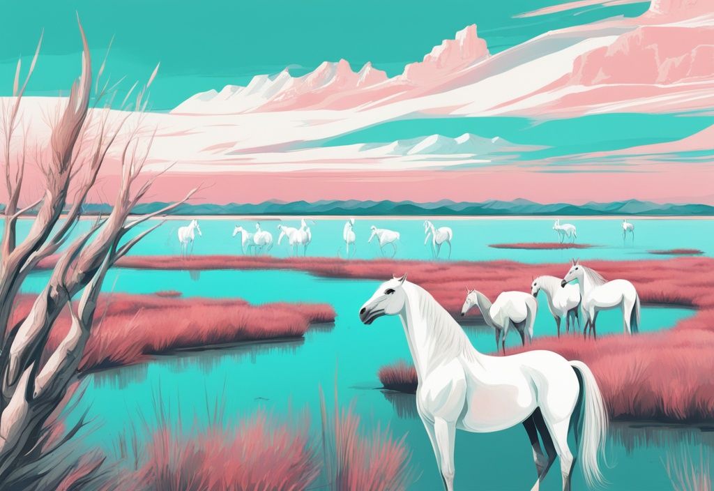 Moderne digitale Malerei der Camargue mit türkisfarbenem Farbschema, zeigt weite Salzwiesen, ikonische weiße Pferde und Flamingos in ihrer natürlichen Umgebung.