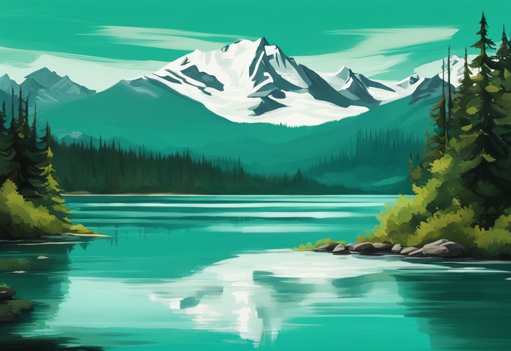 Moderne digitale Malerei der üppigen Wälder von British Columbia, Kanada, mit den schneebedeckten Rocky Mountains im Hintergrund und einem ruhigen See im Vordergrund, Hauptfarbe Türkis.