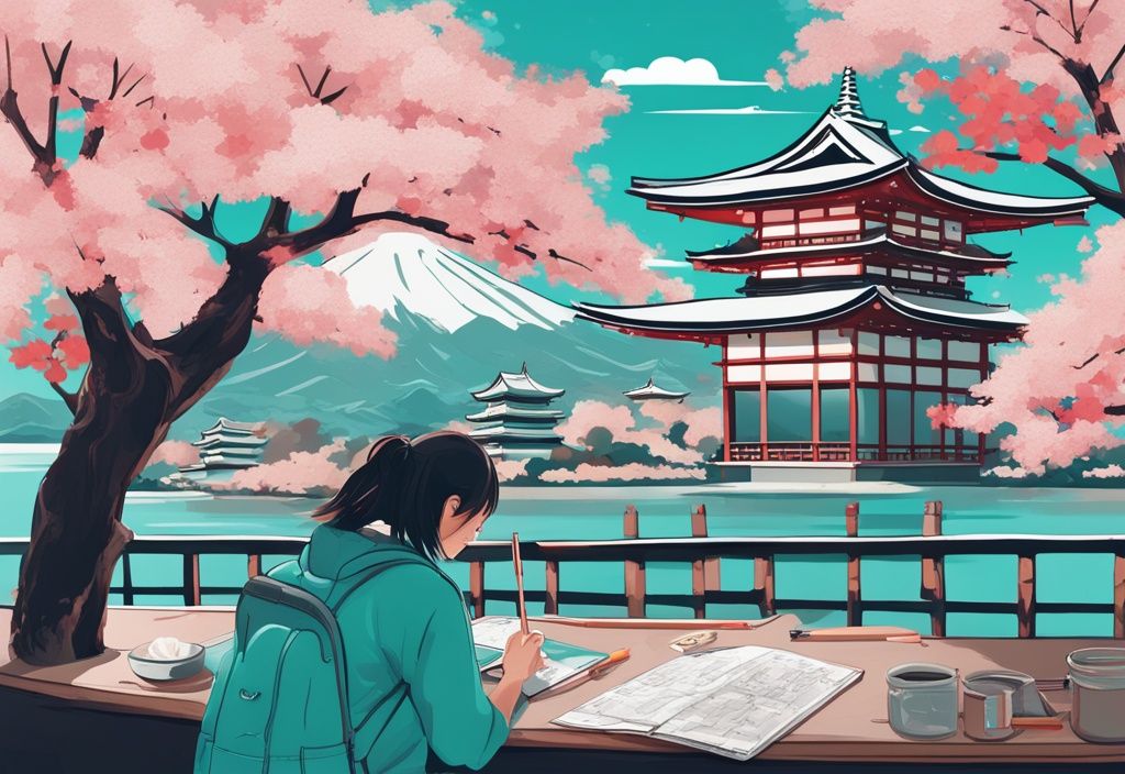 Moderne digitale Illustration eines Reisenden, der eine Karte von Japan studiert, umgeben von ikonischen japanischen Elementen wie einem Shinkansen-Zug, Kirschblüten, Sushi und einem Tempel. Hauptfarbthema ist Türkis. japan reisetipps