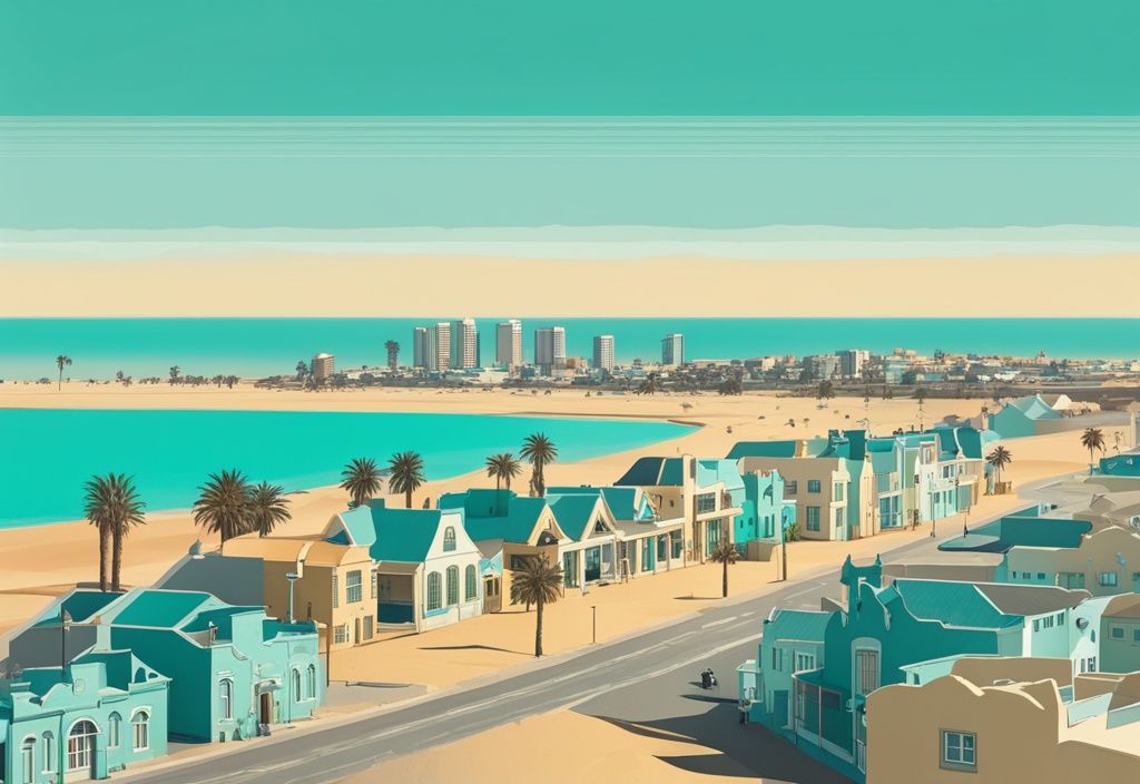 Panoramablick auf die Skyline von Swakopmund mit deutscher Kolonialarchitektur, umgeben von der Namib-Wüste und dem Atlantischen Ozean, in modernen digitalen Gemälden mit türkisfarbenem Thema.