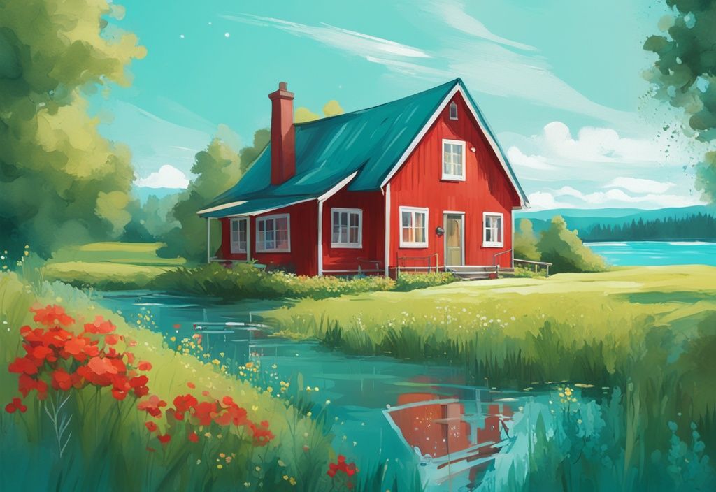 Moderne digitale Malerei einer traditionellen roten schwedischen Hütte inmitten grüner Felder und Wildblumen, mit einem funkelnden blauen See im Hintergrund und einem klaren Sommerhimmel, Hauptfarbe Türkis.