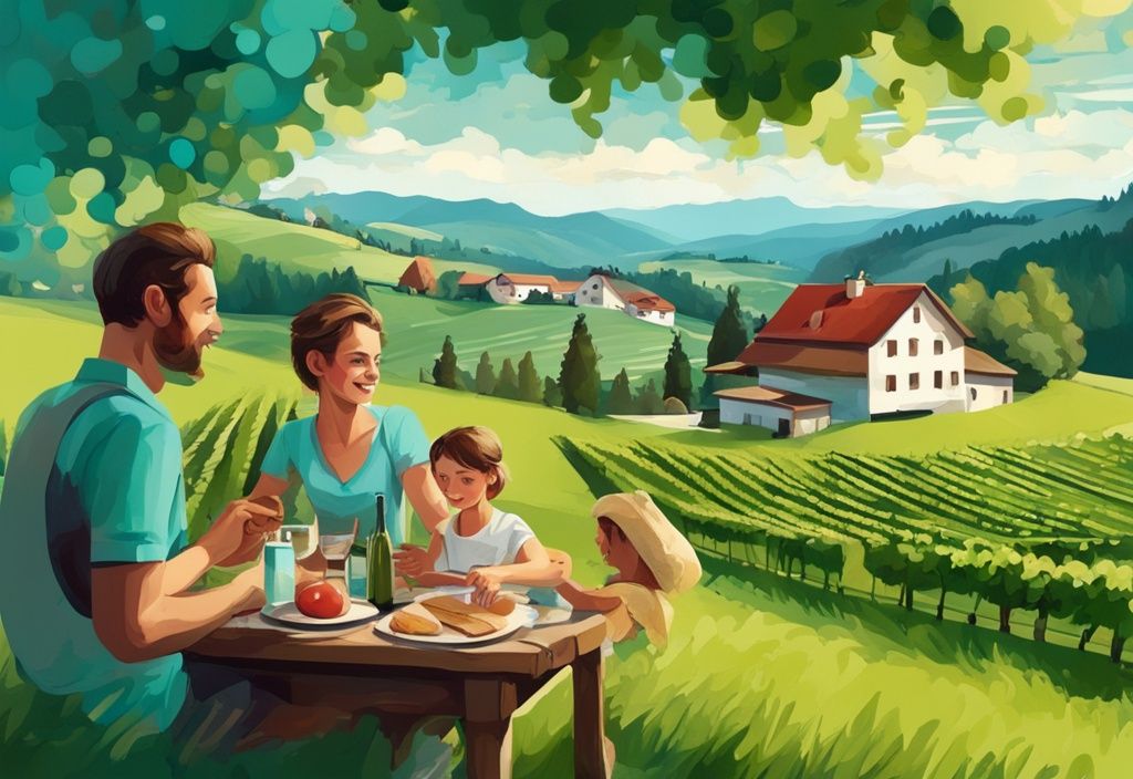 Moderne digitale Malerei der malerischen Weinberge der Steiermark mit traditionellem österreichischem Bauernhaus und Familie beim Picknick, steiermark urlaub