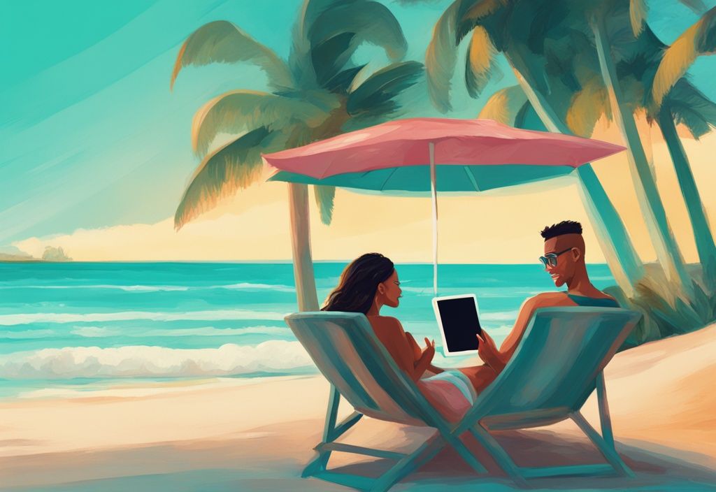 Digitale Illustration eines Paares am Strand von Barbados, das eine Fünf-Sterne-Bewertung ihres Urlaubs auf einem Tablet anzeigt – barbados urlaub erfahrungsberichte