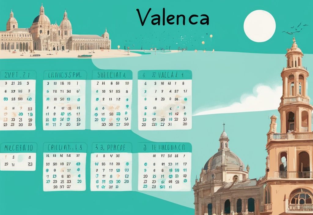 Moderne digitale Malerei mit türkisfarbenem Thema, zeigt einen lebendigen Kalender mit markierten Reisetagen und Aktivitäten für Valencia, Spanien.