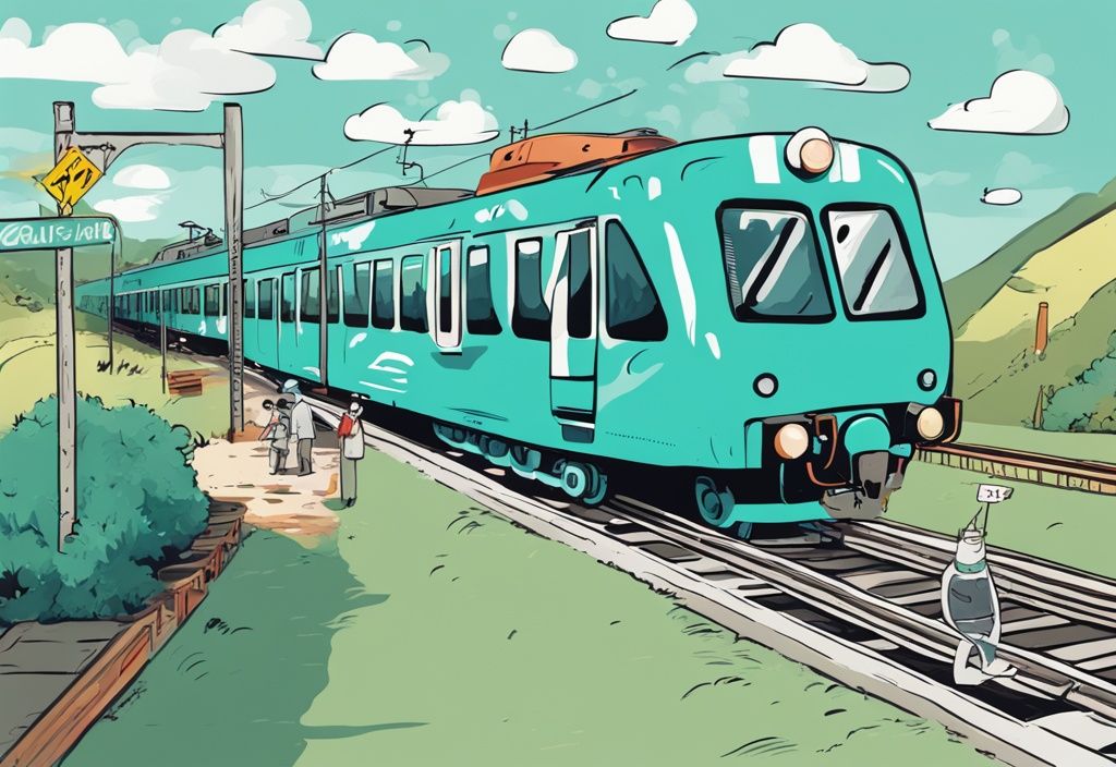 Cartoon eines Deutsche Bahn Zugs mit humorvollen Sprechblasen auf Türkis-Hintergrund