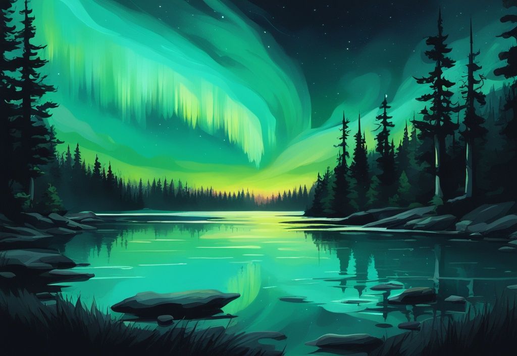 Moderne digitale Malerei mit türkisfarbenem Hauptthema, zeigt eine lebendige Aurora Borealis über einem ruhigen, reflektierenden See, umgeben von dichtem Wald.